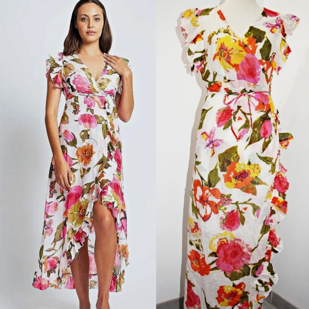 NWT Debbie Katz Rosa Floral Ruffled Dress Boho Bohemian Festival Size XS